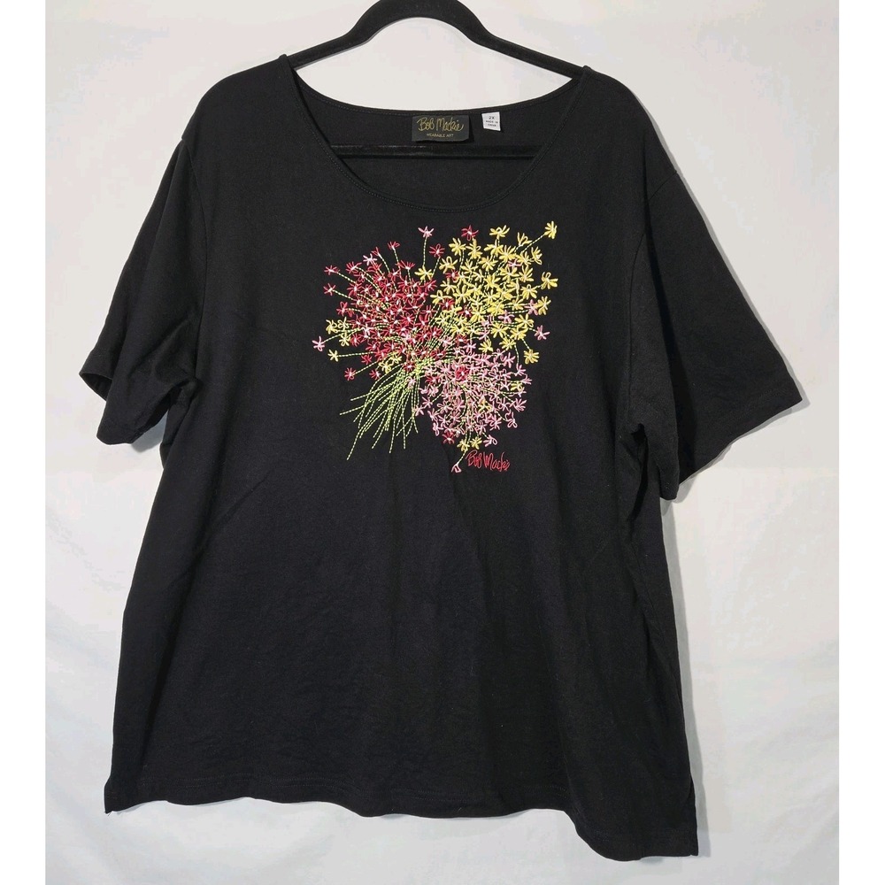 Bob Mackie Wearable Art Black T-Shirt 2XL Embroidered Floral Bouquet